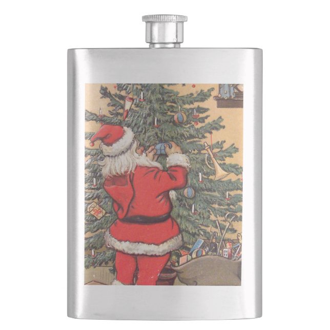 Santa Decorating Christmas Tree Hip Flask (Front)