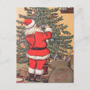 Santa Decorating Christmas Tree Holiday Postcard