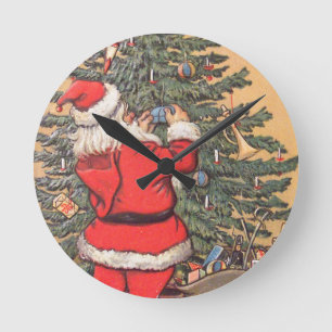 Santa Decorating Christmas Tree Round Clock