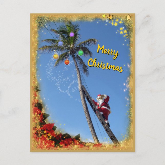 Santa decorating Palm Tree Holiday Postcard (Front)