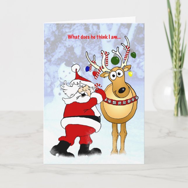 Santa Decorating Reindeer Friend! Holiday Card (Front)