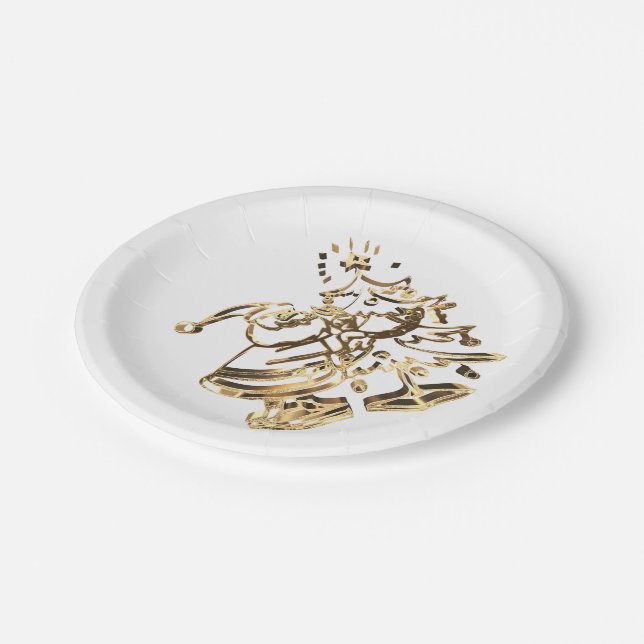 Santa decorating the Christmas Tree Gold Elegant Paper Plate (Angled)