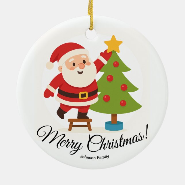 Santa Decorating Tree Personalized Family Name Ceramic Ornament (Back)