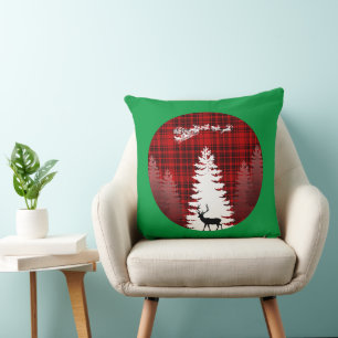 santa deer christmas tree red chequered plaid cushion