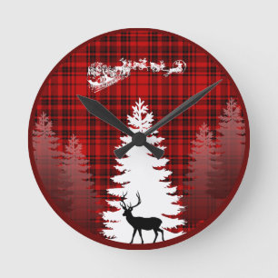 santa deer christmas tree red chequered plaid round clock