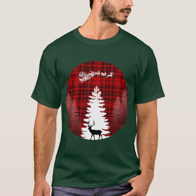 santa deer christmas tree red chequered plaid T-Shirt (Front)