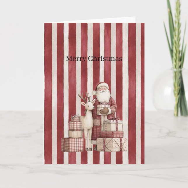 Santa Deer Gifts Red Cream Stripes Christmas    Card (Front)
