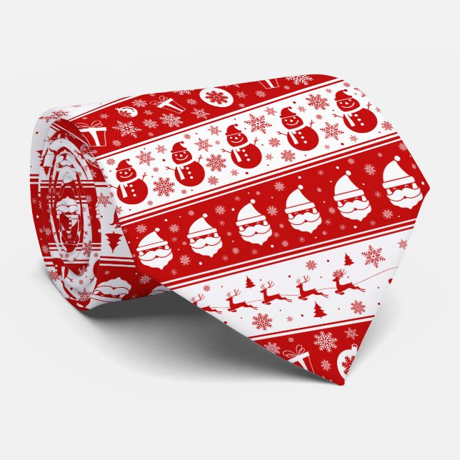 Santa, Deers and Snowflakes White & Red Christmas Tie (Rolled)
