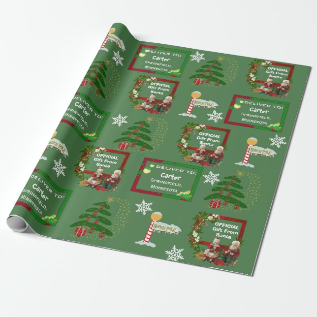 Santa Deliver To Name & Location Wrapping Paper (Unrolled)