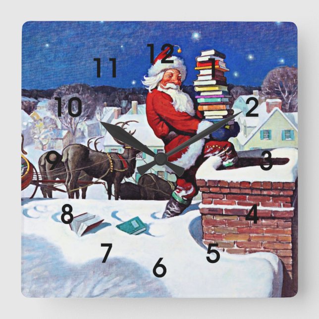 Santa Delivering an Armload of Books Square Wall Clock (Front)