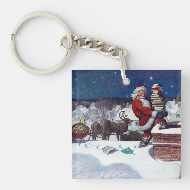 Santa delivering armload of books by N.C. Wyeth Key Ring (Front)
