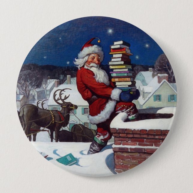 Santa delivering armload of books by Wyeth 10 Cm Round Badge (Front)
