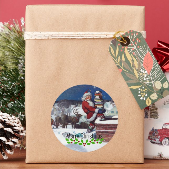 Santa delivering armload of books by Wyeth Classic Round Sticker (Holiday)