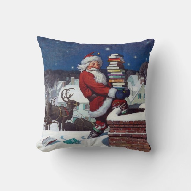 Santa delivering armload of books by Wyeth Cushion (Front)