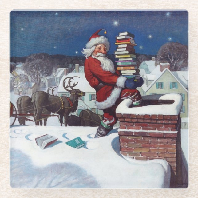 Santa delivering armload of books by Wyeth Glass Coaster (Front)
