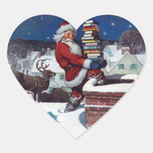 Santa delivering armload of books by Wyeth Heart Sticker