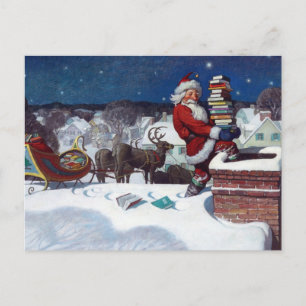 Santa delivering armload of books by Wyeth Postcard
