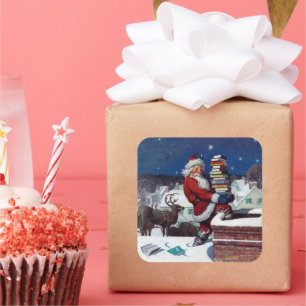 Santa delivering armload of books by Wyeth Square Sticker