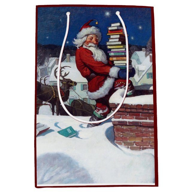 Santa Delivering Books at Christmas, Medium Gift Bag (Front)