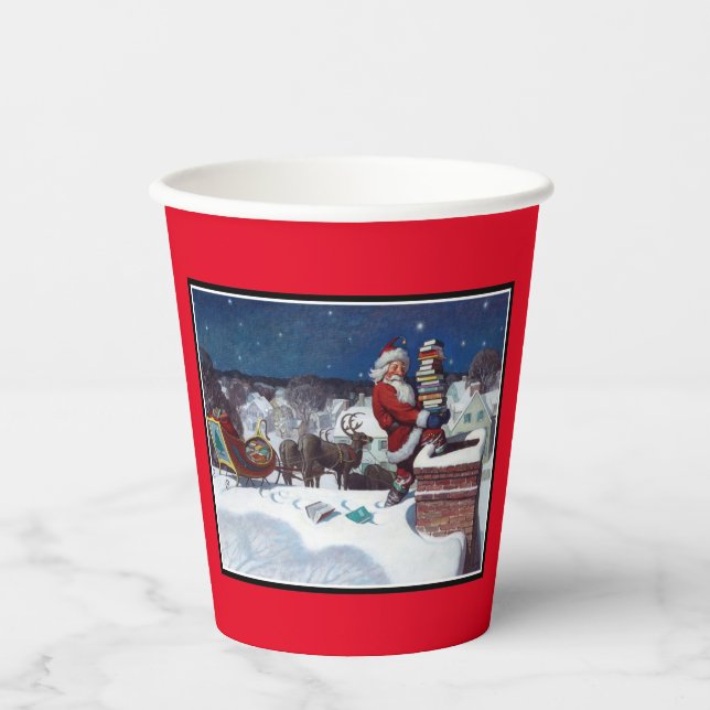 Santa delivering books at Christmas Paper Cups (Front)