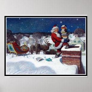 Santa Delivering Books at Christmas, Poster