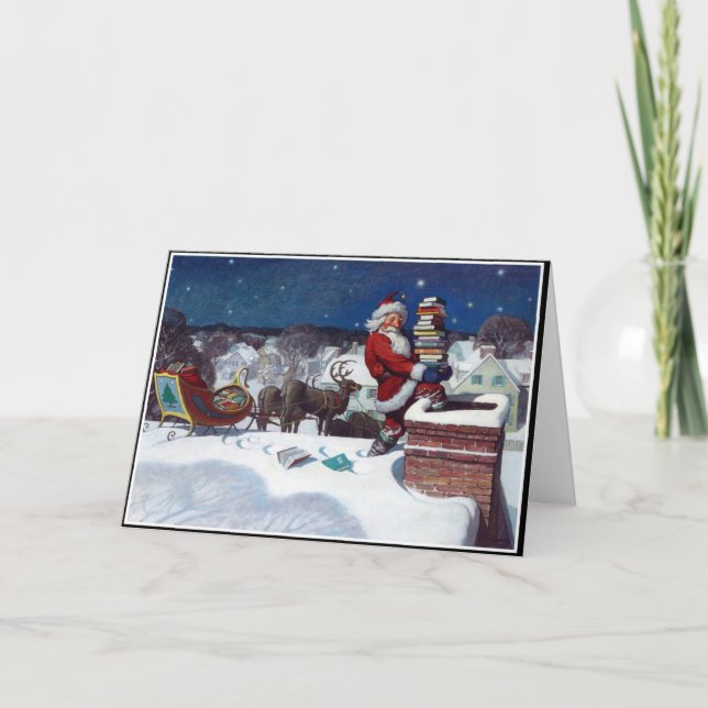 Santa Delivering Books on Christmas Card (Front)