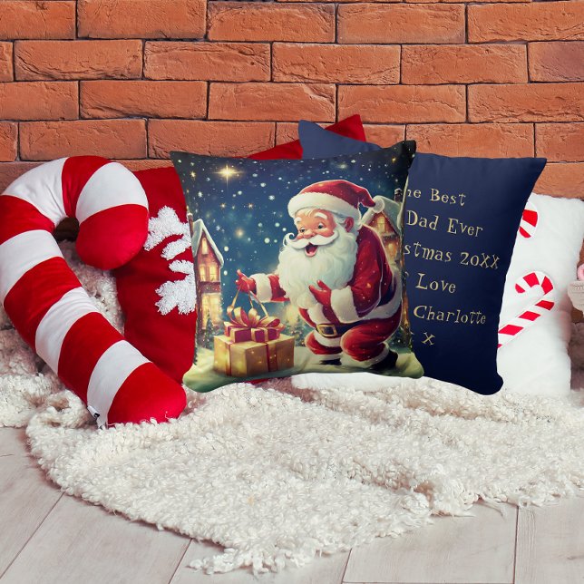 Santa Delivering Christmas Gifts | Mum & Dad Blue Cushion (Front And Back)