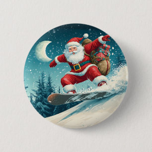 Santa delivering Christmas presents on a snowboard 6 Cm Round Badge