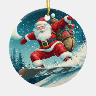 Santa delivering Christmas presents on a snowboard Ceramic Ornament