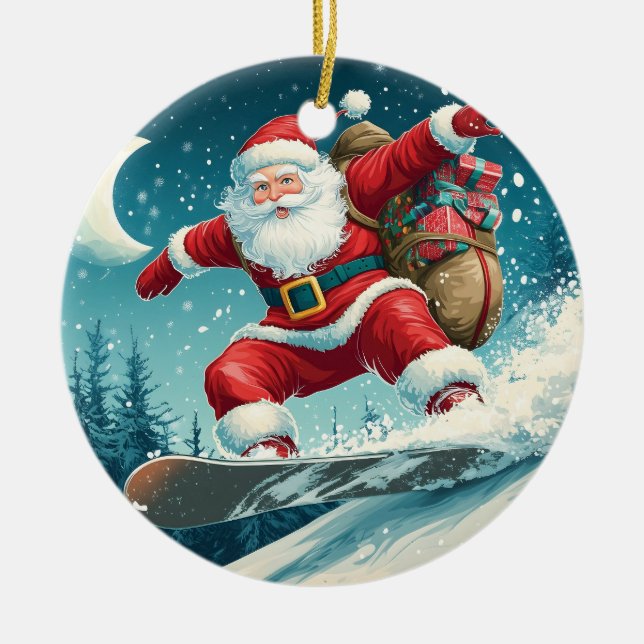 Santa delivering Christmas presents on a snowboard Ceramic Ornament (Front)