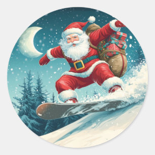 Santa delivering Christmas presents on a snowboard Classic Round Sticker