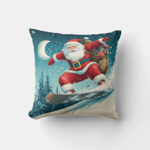 Santa delivering Christmas presents on a snowboard Cushion