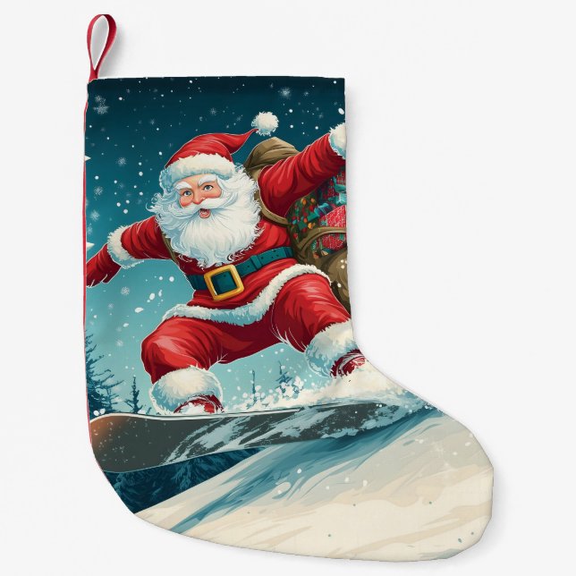 Santa delivering Christmas presents on a snowboard Small Christmas Stocking (Front)