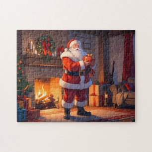 Santa Delivers Gifts by a Warm Christmas Fireplace Jigsaw Puzzle