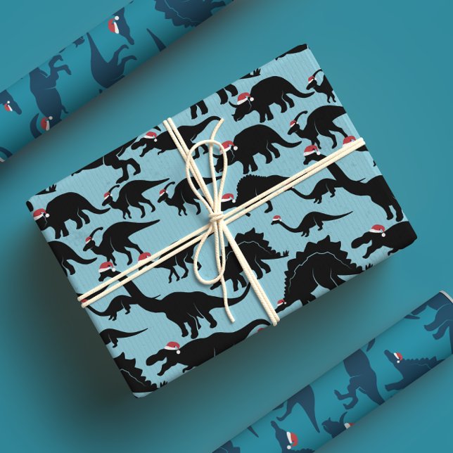 Santa Dinos! Fun & Whimsical Blue Dinosaur Xmas Wrapping Paper Sheet (Creator Uploaded)