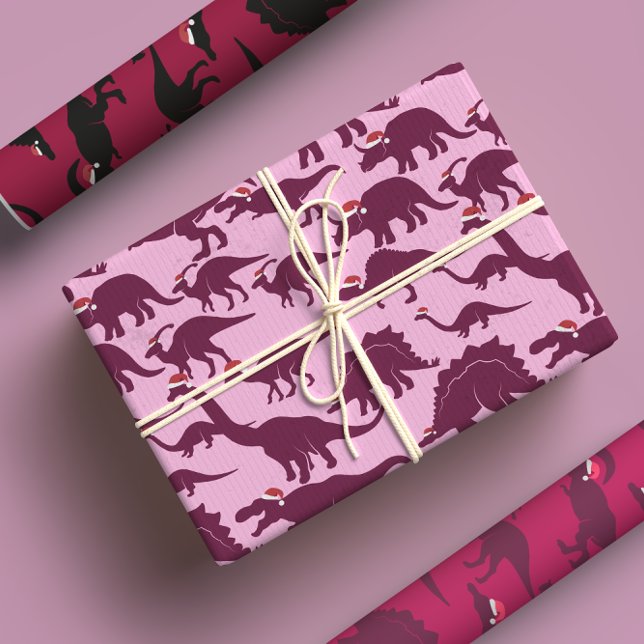 Santa Dinos Fun Whimsical Red & Pink Dinosaur Xmas Wrapping Paper Sheet (Creator Uploaded)