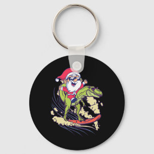 Santa Dinosaur Surfing T-rex Dino Summer Christmas Key Ring