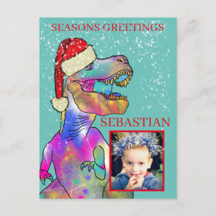 Santa dinosaur T. rex Personalised photo Holiday Postcard