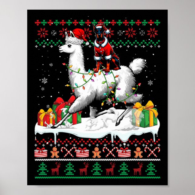 Santa Dobermann Riding Llama Christmas Sweater Lov Poster (Front)