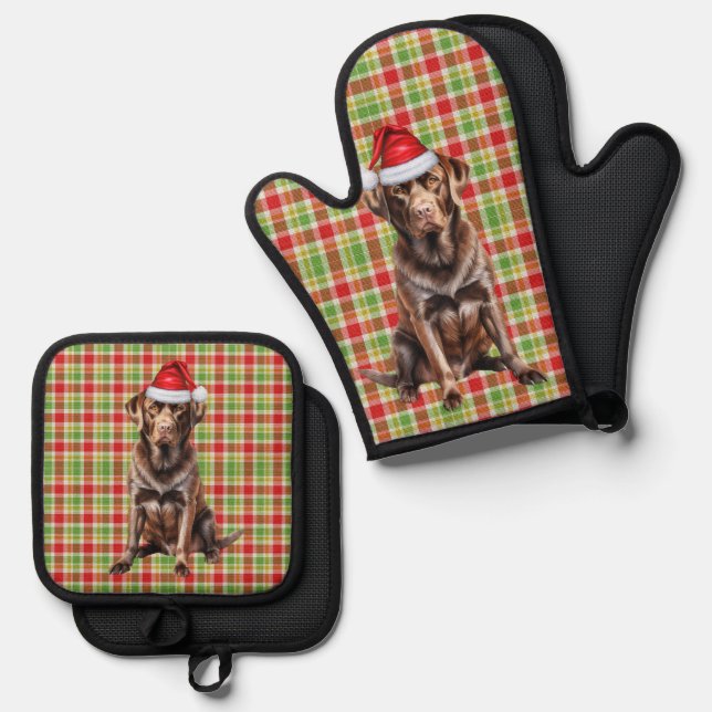 Santa Dog Chocolate Lab Holiday Plaid Christmas Oven Mitt & Pot Holder Set (Front/Back)