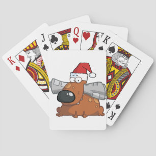 Santa Dog Holds Newspaper in Mouth Playing Cards