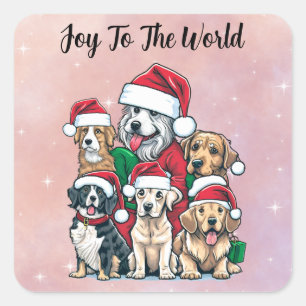 Santa Dogs Joy To The World Christmas Square Sticker