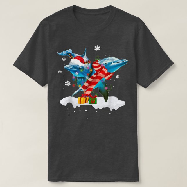 Santa Dolphin Animal Christmas Lights Lover Christ T-Shirt (Design Front)