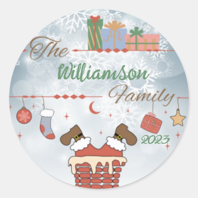 Santa Down the Chimney  Classic Round Sticker (Front)