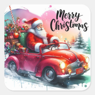 Santa Driving a Classic Car Filled With Presents Square Sticker