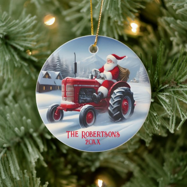 Santa Driving a Red Tractor Ceramic Ornament (Tree)