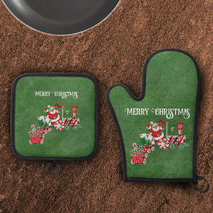 Santa Driving Festive Christmas Train Dark Green Oven Mitt & Pot Holder Set