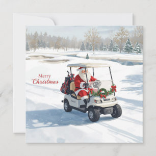 Santa Driving Golf Cart on Winter Golf Course 