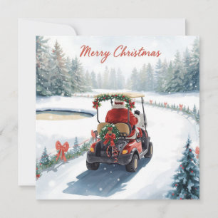 Santa Driving Golf Cart on Winter Golf Course