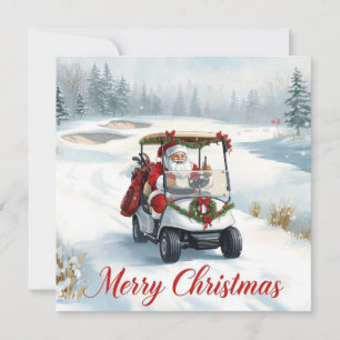 Santa Driving Golf Cart on Winter Golf Course 